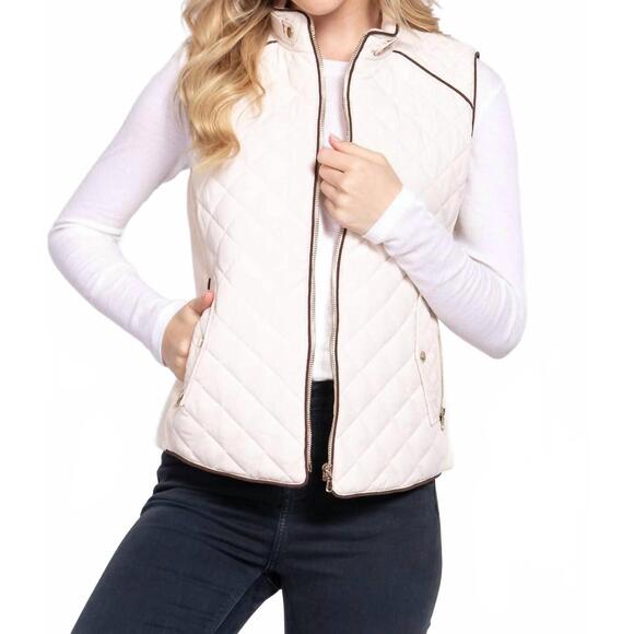 ACTIVE BASIC Jackets & Blazers - NEW ACTIVE BASIC suede piping detail rib quilted vest in ivory